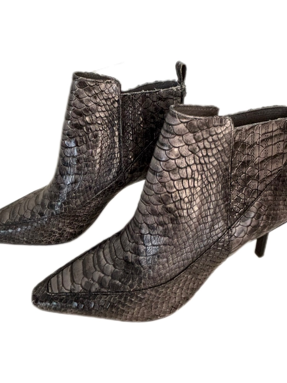 Donald Pliner Charcoal Metallic Python Snake Embossed Stiletto Booties NWOB